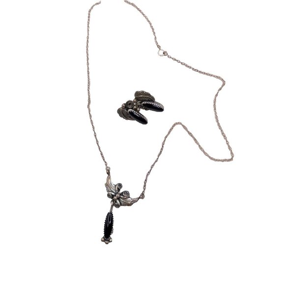 Navajo Sterling Onyx RB Richard Begay Earrings & RR Russ Rockbridge Necklace Set